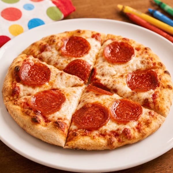 Pepperoni pizza with melted cheese and a golden crust served on a white plate beside colorful pencils.