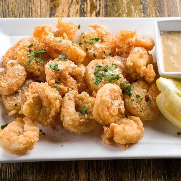 Crispy fried shrimp with parmesan, parsley, a lemon wedge, and dipping sauce on a white plate.