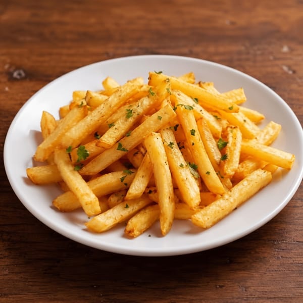 Golden French fries garnished with fresh herbs, piled on a white plate atop a rustic wooden table.