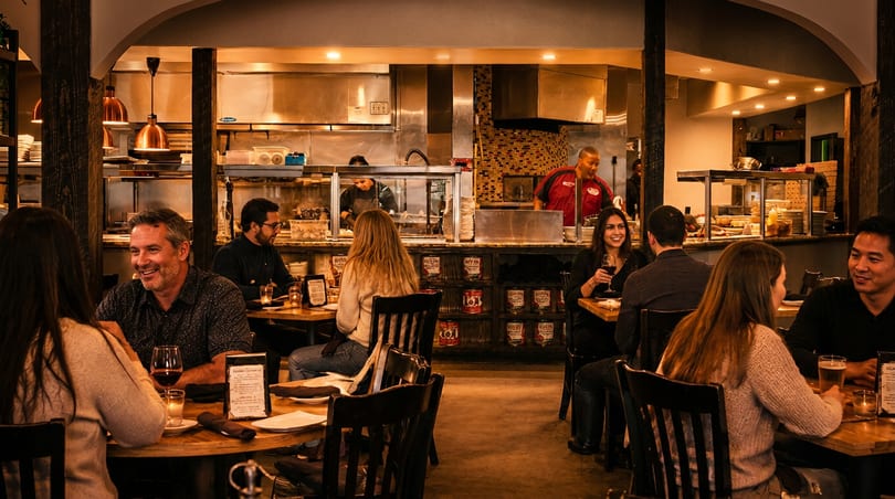 Lively restaurant interior with smiling diners and an open kitchen where chefs are cooking.