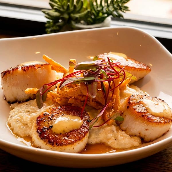 Pan-seared scallops on creamy puree with crispy onions and red microgreens in a white bowl.