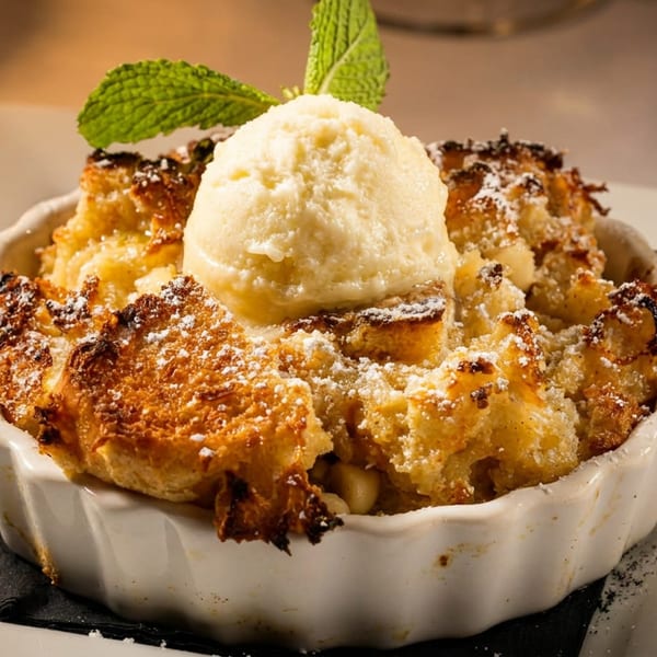 Golden baked dessert topped with vanilla ice cream and mint, served in a white ramekin.