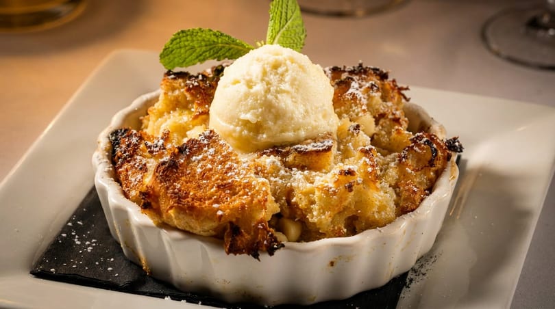 Bread pudding topped with vanilla ice cream and a mint leaf in a white dish.
