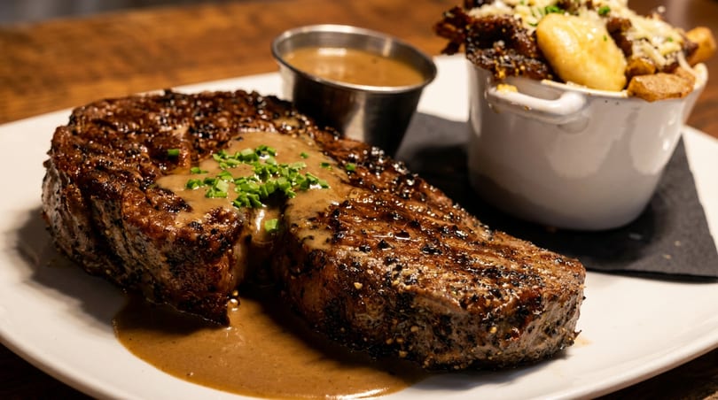 Juicy grilled steak topped with gravy and chives, alongside a pot of loaded fries.