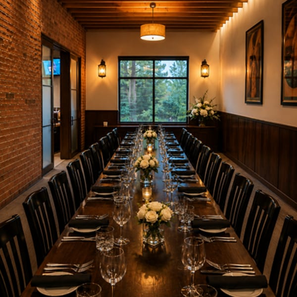 Long, elegant dining table set for a banquet in a private room with a window view.