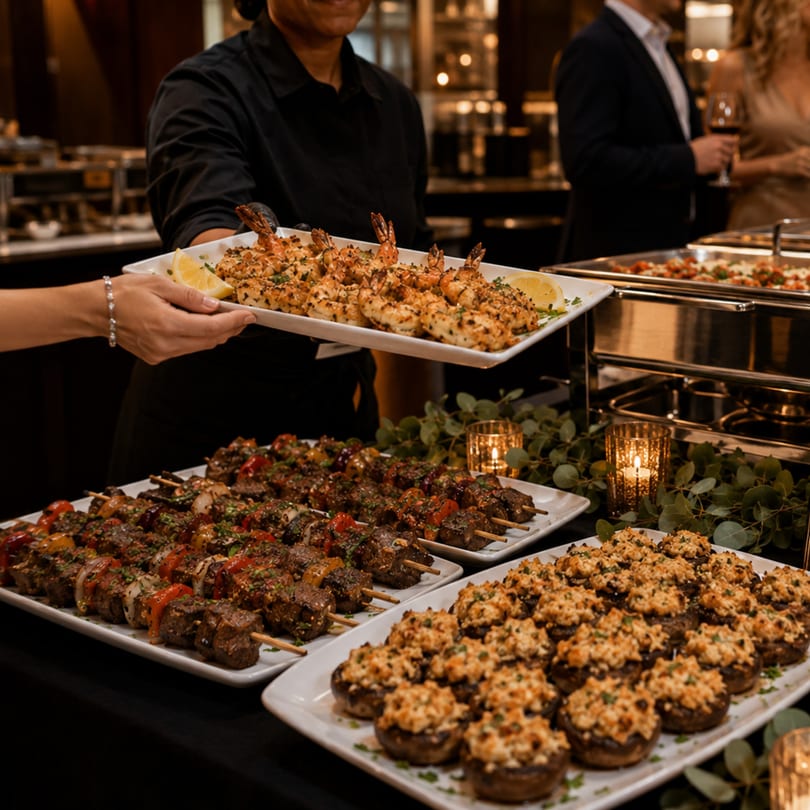 A server presents a tray of grilled shrimp, with skewers and stuffed mushrooms on a buffet table.