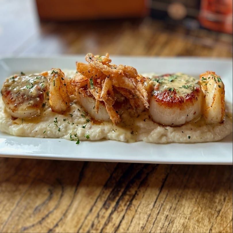 Seared scallops and shrimp on a bed of creamy grits, topped with crispy fried onions and sauce.